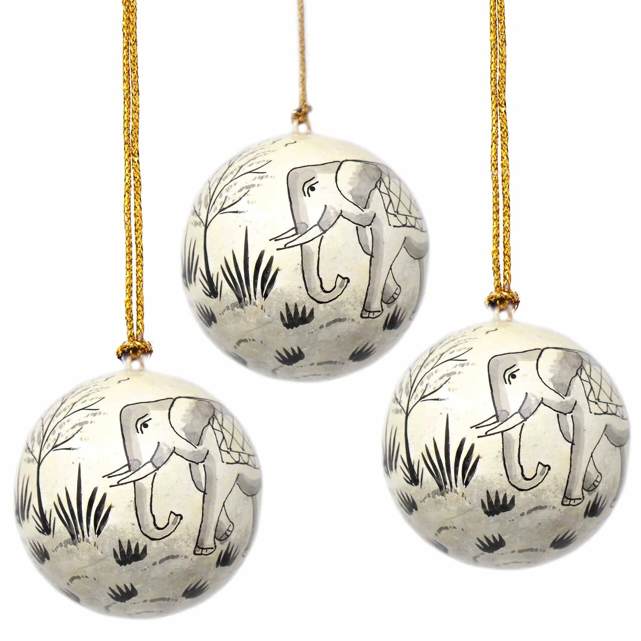 Set of 3 White Paper Christmas Ornaments with Hand Painted Elephant Design and Glossy Finish